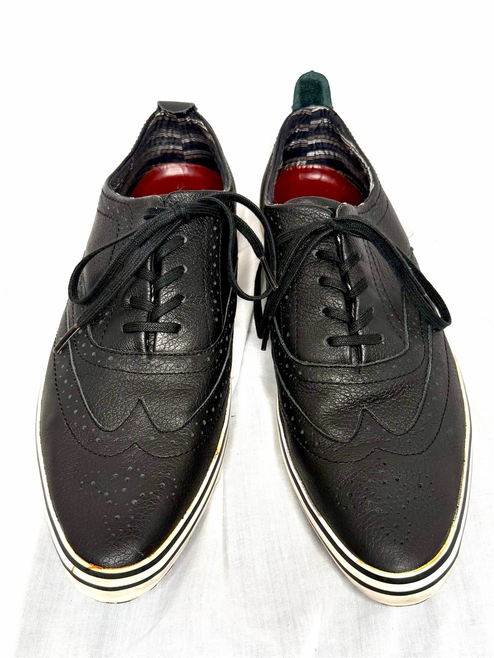 Men's Black Leather Wingtip Derbys with Contrast Sole. Size 10
